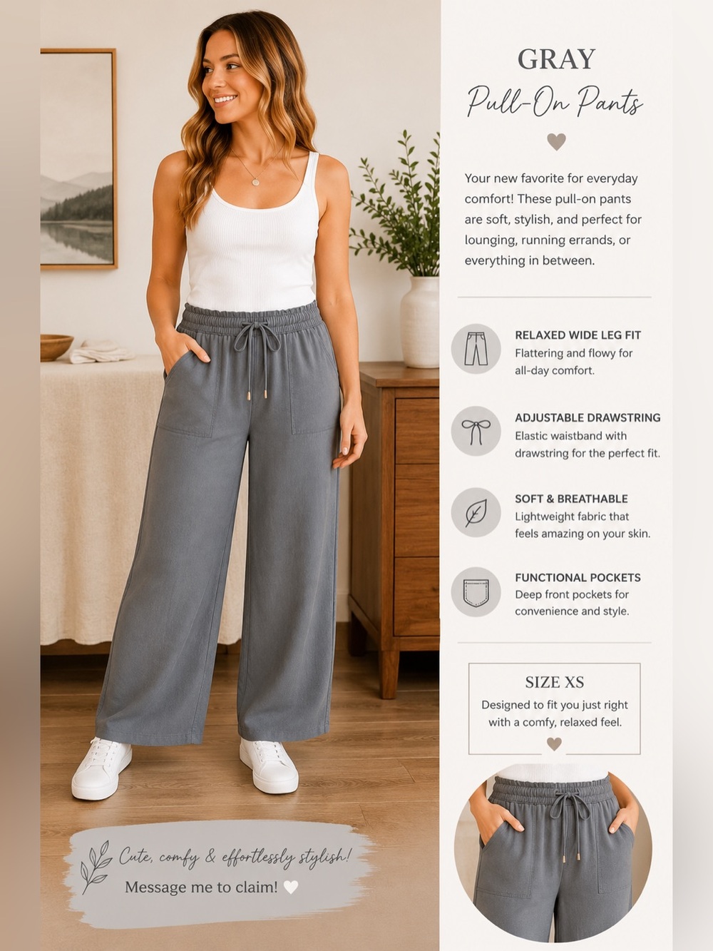 Gray Pull-On Wide Leg Pants - Comfortable Relaxed Fit